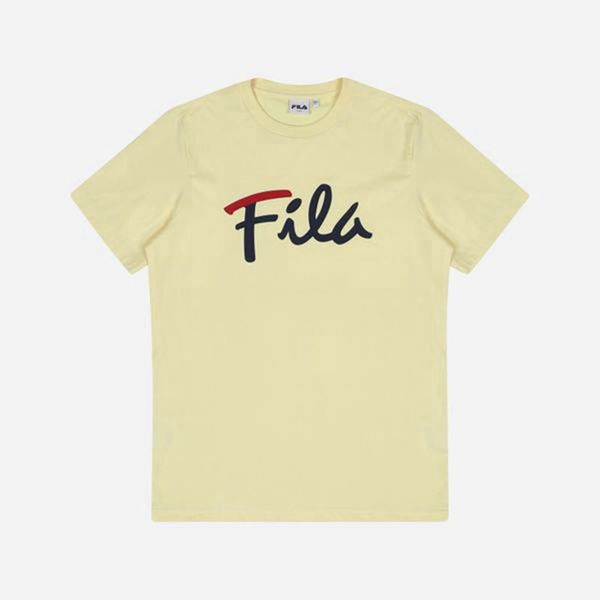 Fila Cursive Logo S/S Women's T-Shirts - Yellow,NZ 265-31087